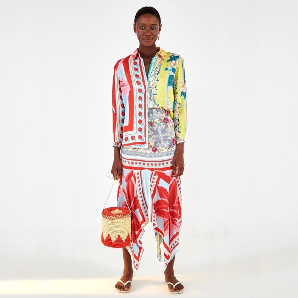 Farm Rio | Floral Scarf Patchwork Button-down shirt Medium blouse